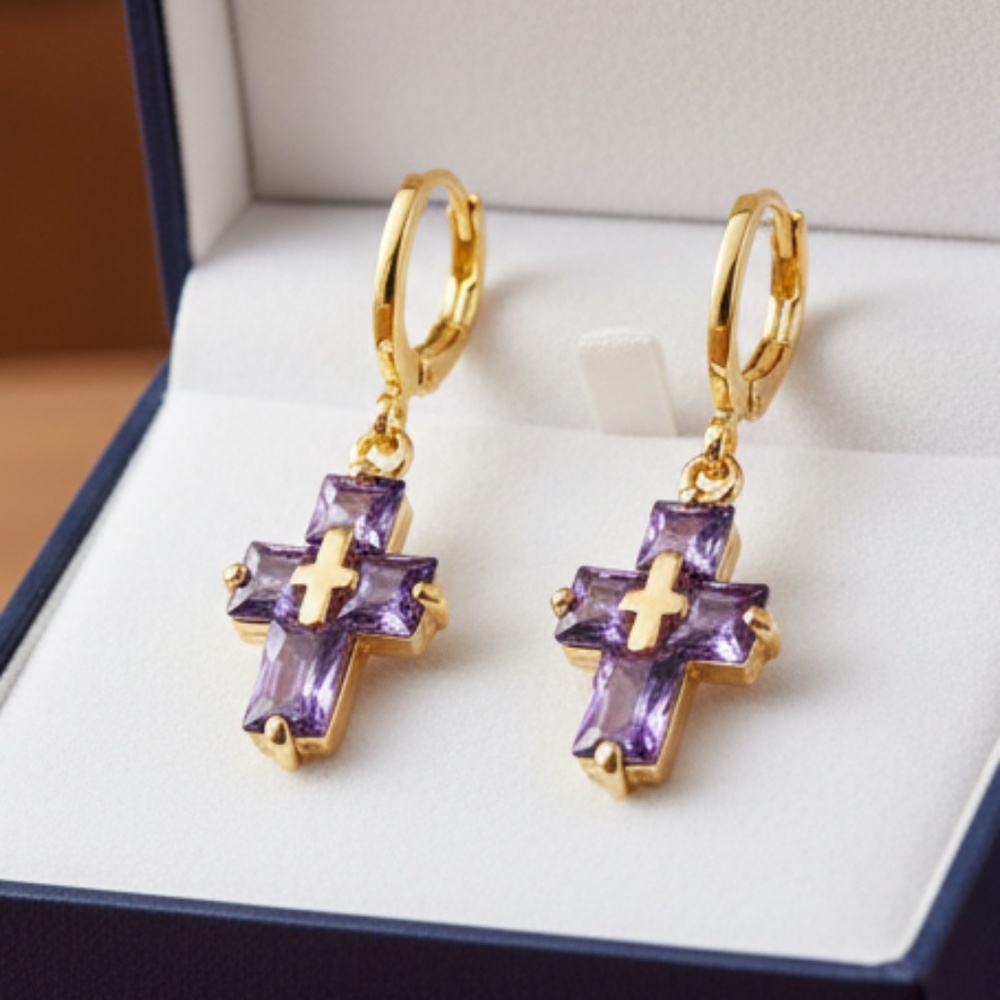 Womens‎ Gold Tone Purple Zirconia Hoop Earrings